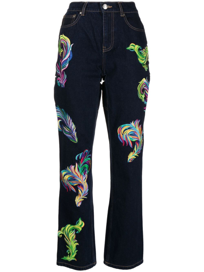Area Embroidered Feather Back-slit Jeans In Dark Denim
