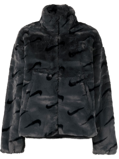 Nike Plush Faux-fur Jacket In Dark Smoke Grey/black/black