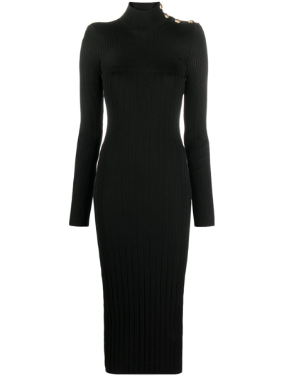 Balmain 4-button Strong-shoulder Rib Midi Dress In Nero