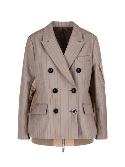 Sacai Double-breasted Pinstriped Wool-twill And Shell Jacket In Neutral