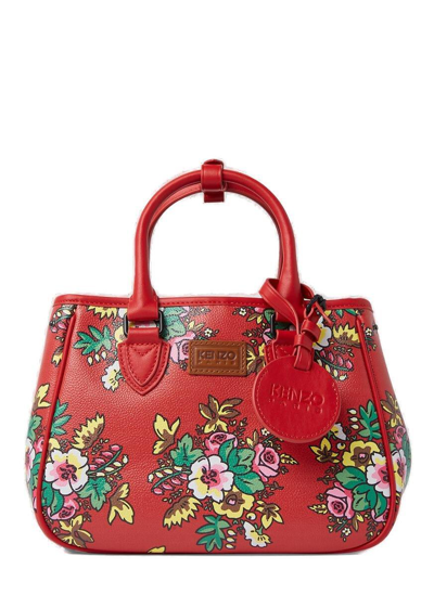 Kenzo Floral-printed Logo Patch Tote Bag In Red