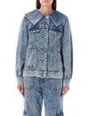 Ganni Blue Oversized Crinkle Denim Jacket In Mid Blue