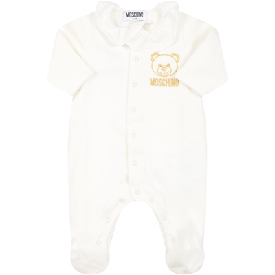 Moschino Ivory Jumpsuit For Baby Girl With Golden Logo In White
