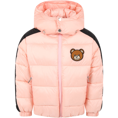 Moschino Kids' Pink Jacket For Girl With Logo And Teddy Bear