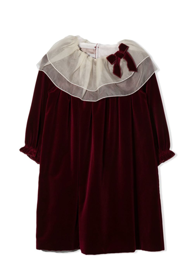 La Stupenderia Kids' Velvet-effect Bow-detail Dress In Red
