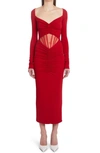 VERSACE CORSET CUTOUT RUCHED LONG SLEEVE JERSEY MIDI DRESS