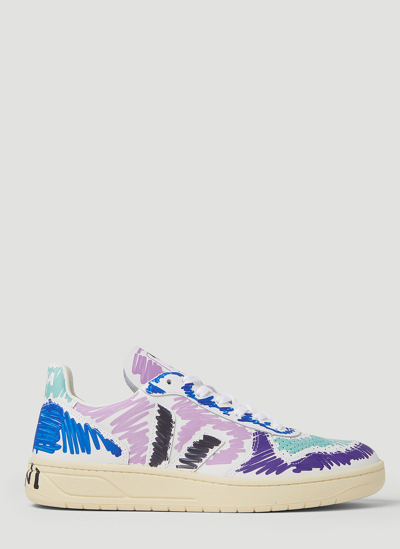 Marni X Veja V-10 Scribble-print Leather Trainers In Purple