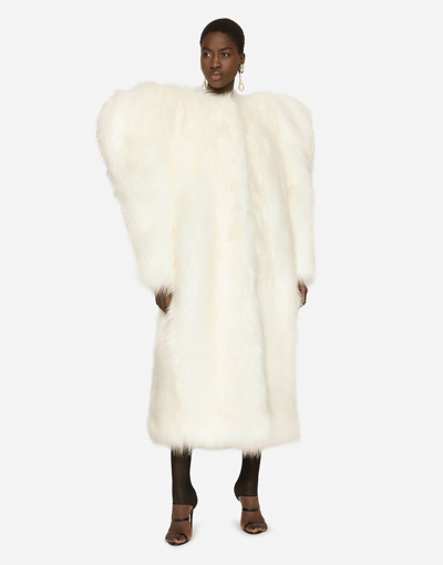 Dolce & Gabbana Butterfly Shoulder Faux Fur Coat In White