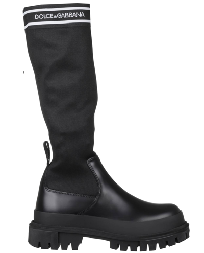 Dolce & Gabbana Black Leather And Jersey Boot In Nero/bianco