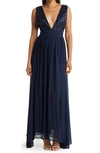 Love By Design Daphne Sequin Top V-plunge Maxi Dress In Navy Blazer