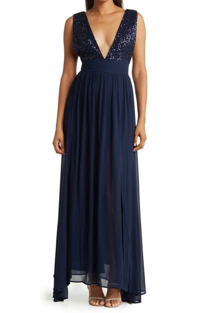 Love By Design Daphne Sequin Top V-plunge Maxi Dress In Navy Blazer