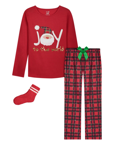 Max & Olivia Big Girls 3 Piece Holiday Top, Pajama And Socks Set In Red