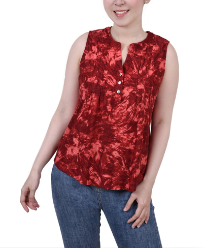 Ny Collection Petite Sleeveless Jacquard Y-neck Top In Wine Tie Dye