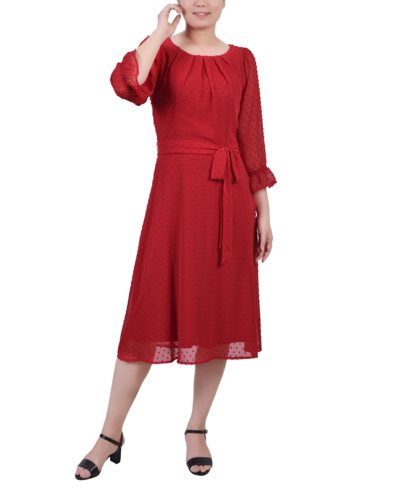 Ny Collection Petite Belted Swiss Dot Dress In Jester Red