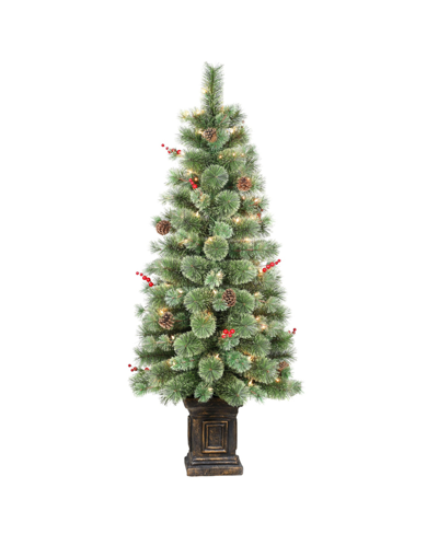 Puleo Pre-lit Potted Natural Pine Artificial Christmas Tree With 70 Lights, 4.5' In Green