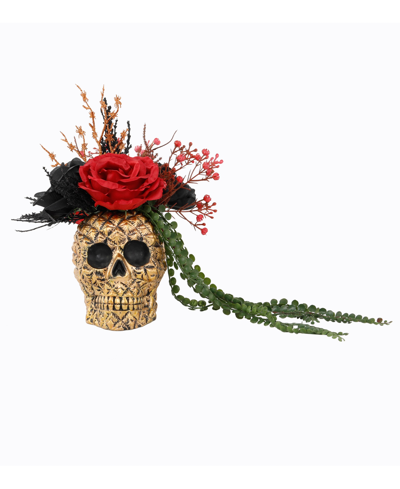 Flora Bunda Halloween Floral Arrangement W Rose String Of Peas In 6.25in Ceramic Skull In Gold