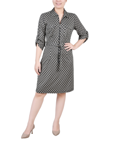 Ny Collection Petite Belted Roll Tab Zip Front Shirtdress In Doeskin Black Allie