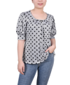 Ny Collection Petite Size Short Sleeve Balloon Sleeve Top In Black/white Abstract Dot