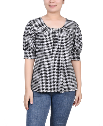 Ny Collection Petite Size Short Sleeve Balloon Sleeve Top In Black White Herringbone