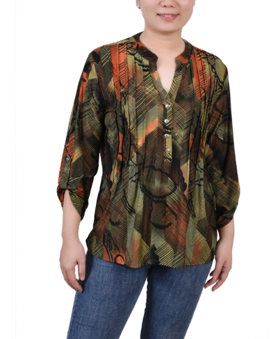Ny Collection Petite 3/4 Roll Tab Sleeve Printed Pintuck Top In Olive Gilia