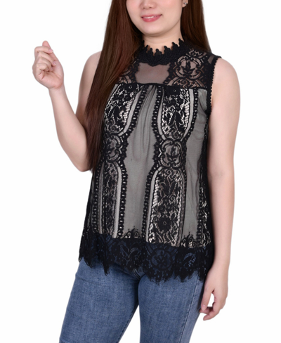 Ny Collection Petite Lace Mock-neck Top In Black Nude