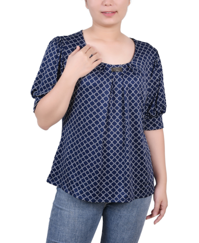 Ny Collection Petite Size Short Sleeve Balloon Sleeve Top In Navy Square Circle