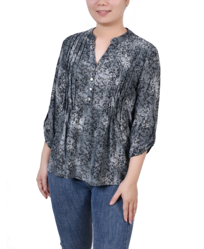 Ny Collection Petite 3/4 Roll Tab Sleeve Printed Pintuck Top In Gray Floral