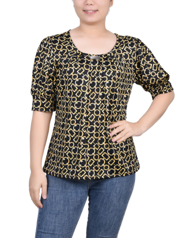 Ny Collection Petite Printed Balloon Sleeve Top In Black Gold Chain