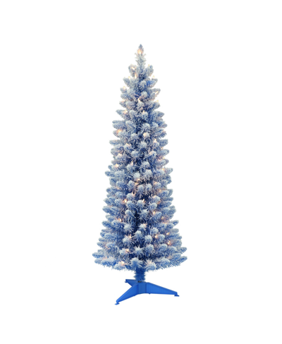 Puleo Pre-lit Flocked Fashion Blue Pencil Artificial Christmas Tree With 100 Lights, 4.5'