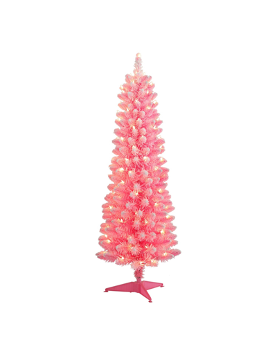 Puleo Pre-lit Flocked Fashion Pink Pencil Artificial Christmas Tree With 100 Lights, 4.5'