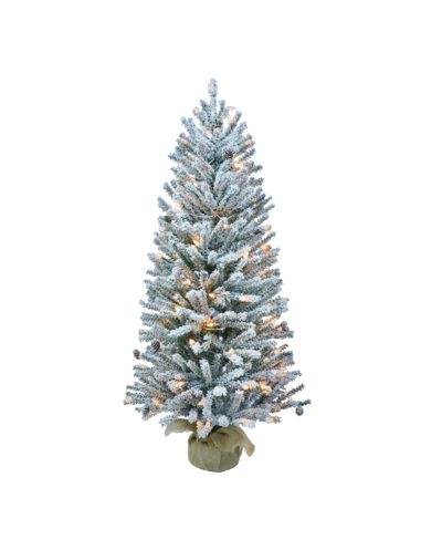 Puleo Pre-lit Flocked Fir Artificial Christmas Tree With Pines Cones And 100 Lights, 4' In Green