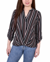 Ny Collection Petite Size 3/4 Push Tab Mandarin Collar Blouse With Front Pleats In Black Mauve Stripe