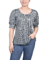 Ny Collection Petite Size Short Sleeve Balloon Sleeve Top In Black Gray Animal