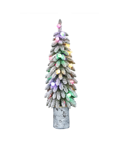 Puleo Pre-lit Potted Flocked Alpine Artificial Christmas Tree With 20 Lights, 4' In Green