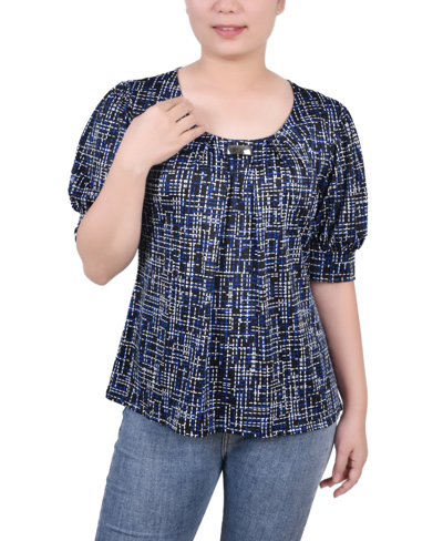 Ny Collection Petite Size Short Sleeve Balloon Sleeve Top In Royal White Abstract