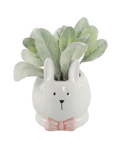Flora Bunda Lamb's Ear Ceramic Bunny With Pink Bow, 4" In White