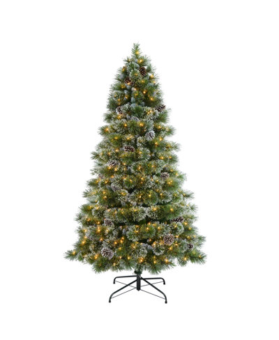 Puleo Pre-lit Frosted Boulder Pine Artificial Christmas Tree With 450 Lights, 7.5' In Green