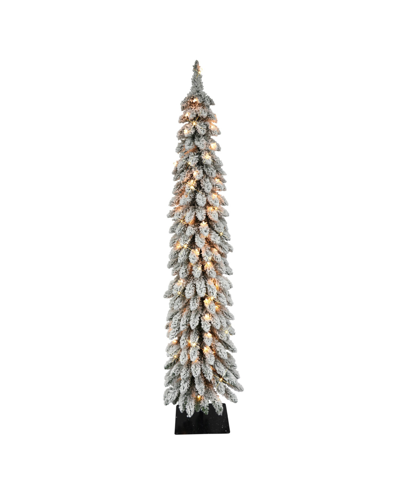 Puleo Pre-lit Flocked Pencil Alpine Artificial Christmas Tree With 70 Lights, 5' In Green