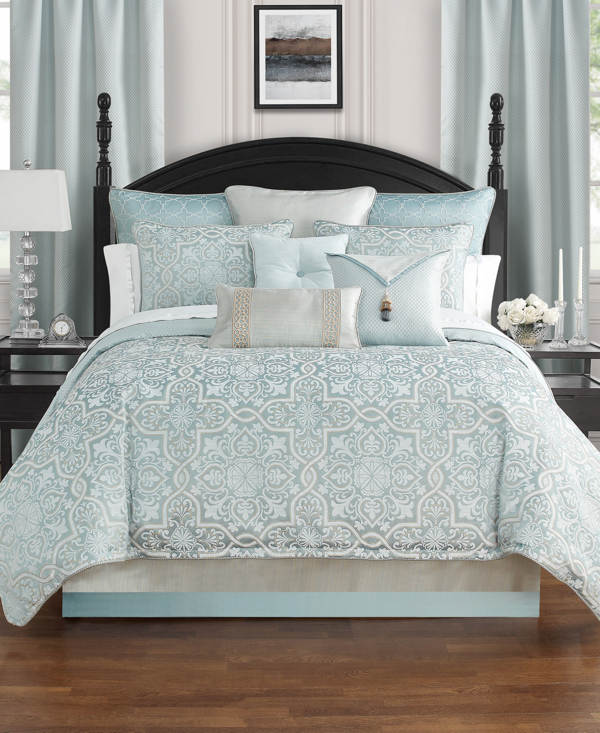 Set Trapunta Queen Waterford Arezzo 6 Pezzi - Piumone, Federe, Federe Euro E Mantovana In Blu Polveroso E Jacquard - Lino Fine Per Camera Da Letto