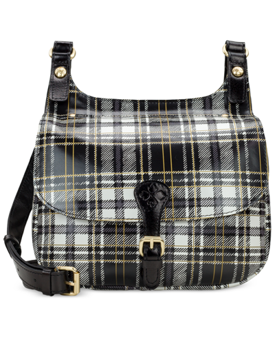 Patricia Nash London Plaid Leather Double Compartment Crossbody Saddle Bag In Black And White Plaid -