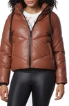 Marc New York Hooded Faux Leather Puffer Jacket In Cognac