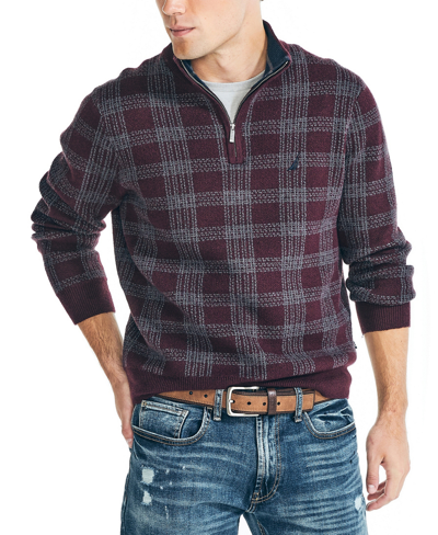 Nautica Men's Sustainably Crafted Plaid Quarter-zip Sweater In Shipwreck Burgundy