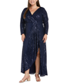 NIGHTWAY PLUS SIZE LONG-SLEEVE V-NECK SEQUIN GOWN