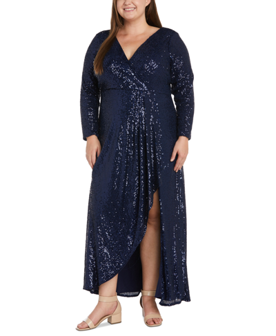 Nightway Plus Size Long-sleeve V-neck Sequin Gown In Navy Multi