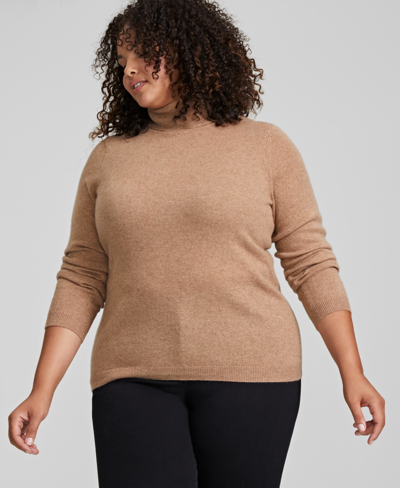 Charter Club Plus Size Turtleneck Cashmere Sweater, Created For Macy's In Heather Camel