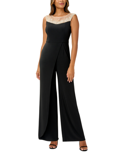 Adrianna Papell Plus Size Embellished-neck Jersey Jumpsuit In Black