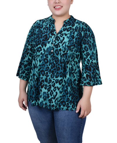 Ny Collection Plus Size Pleat Front Y-neck Top In Dark Teal Skin