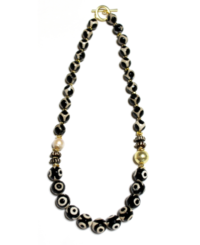Michael Gabriel Designs Black Dahlia Tibetan Agate Beads And Genuine Pearl Necklace In Faceted Agate With Kenya Wood Accent Bea
