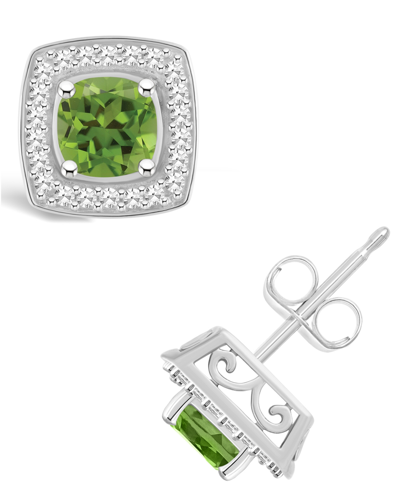 Macy's Peridot (1-1/3 Ct. T.w.) And Diamond (1/5 Ct. T.w.) Halo Studs In Sterling Silver