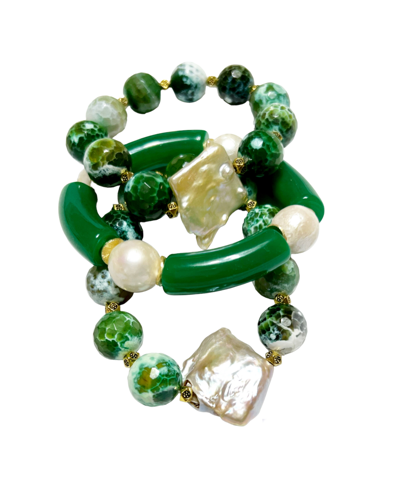 Michael Gabriel Designs 3-pieces Debbie's Derby Green Faceted Agate Beads And Genuine Pearl Bracelet In Faceted Green Agate/genuine Pearls With